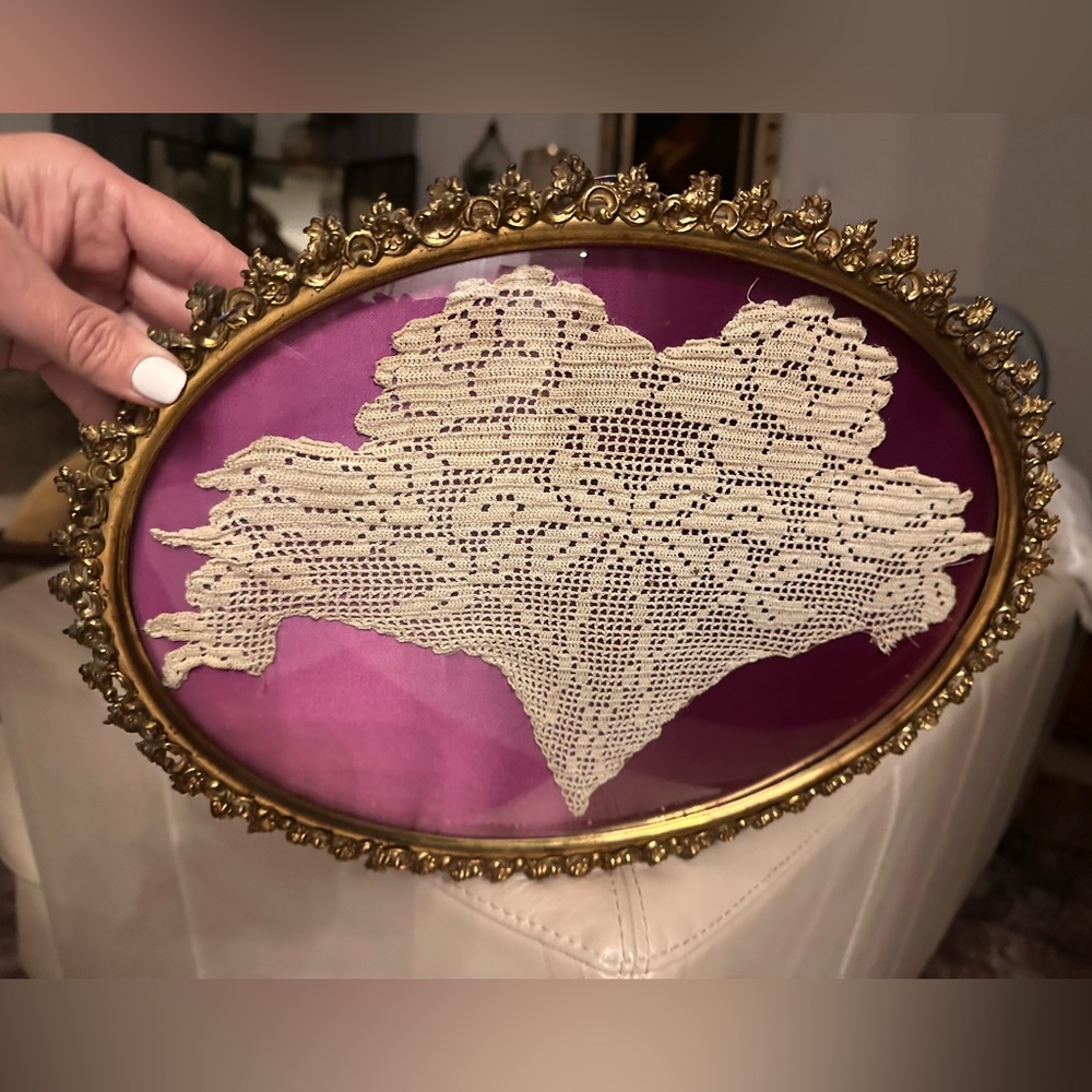 Vintage / Antique Brass Floral Frame with Convex Bubble Glass and Crochet Doily